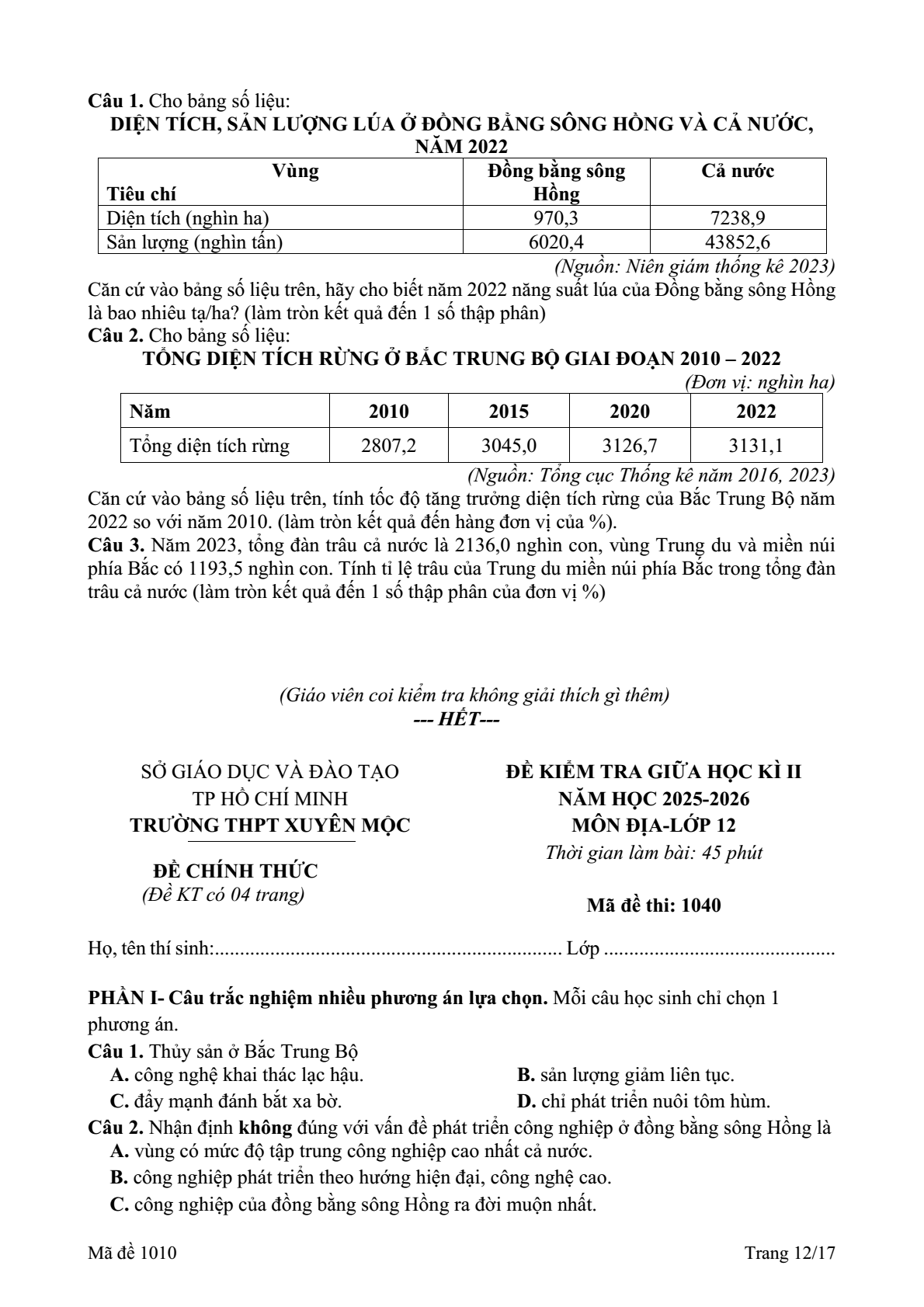 Đề thi Giữa kì 2 Địa Lí 12 năm 2025-2026 trường THPT Xuyên Mộc (TP. HCM)