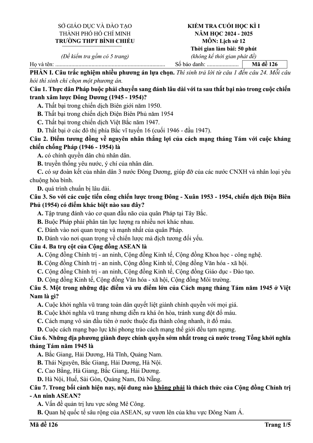 Đề thi Học kì 1 Lịch Sử 12 năm 2024-2025 trường THPT Bình Chiểu (TP. HCM)