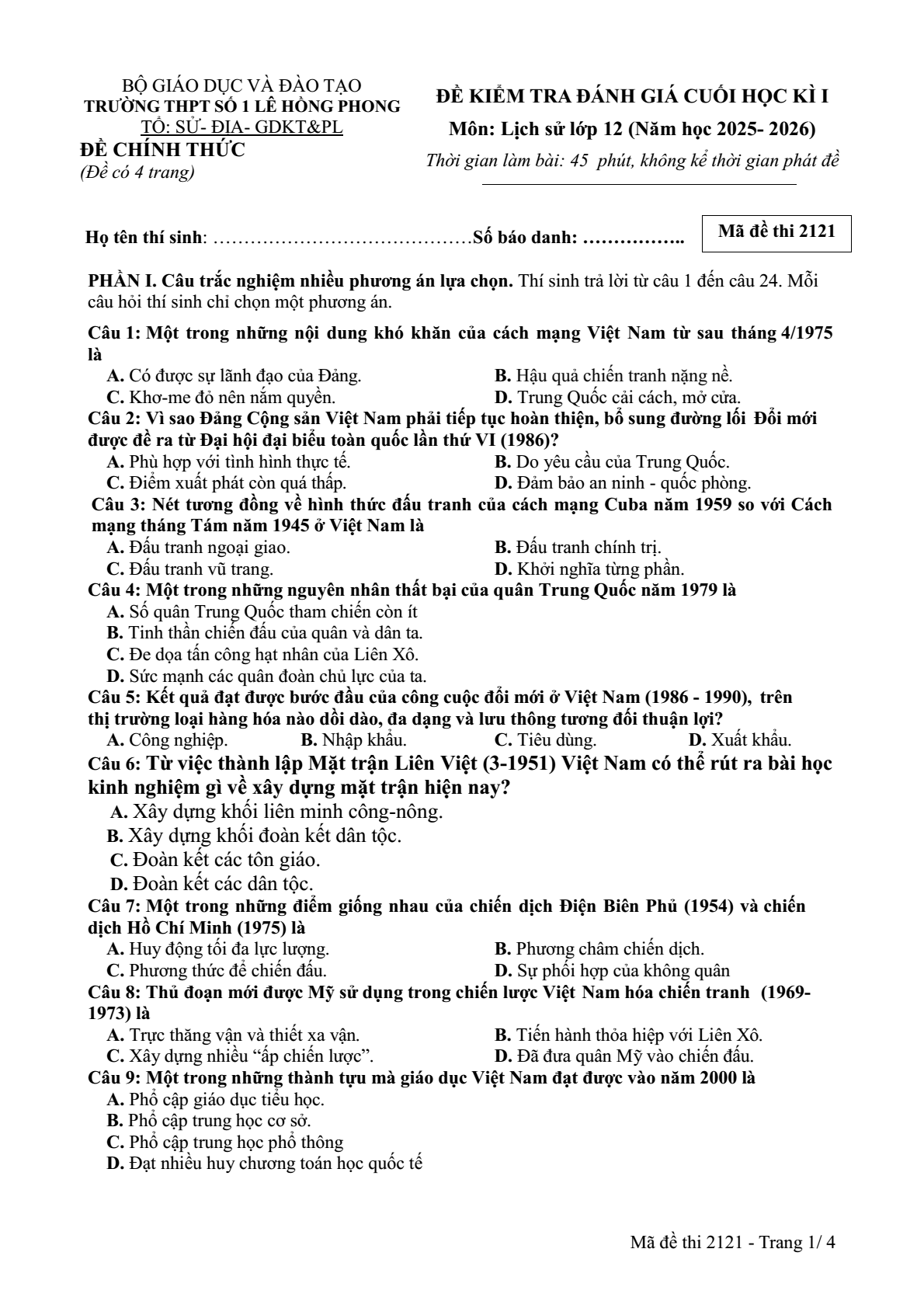 Đề thi Học kì 1 Lịch Sử 12 năm 2025-2026 trường THPT số 1 Lê Hồng Phong (Đắk Lắk)