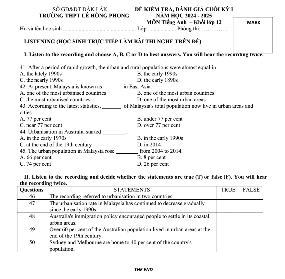 Đề thi Học kì 1 Tiếng Anh 12 năm 2024-2025 trường THPT Lê Hồng Phong (Đắk Lắk)