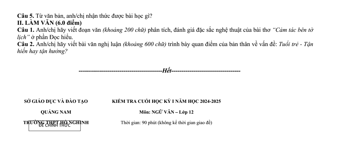 Đề thi Học kì 1 Văn 12 năm 2024-2025 trường THPT Hồ Nghinh (Quảng Nam)