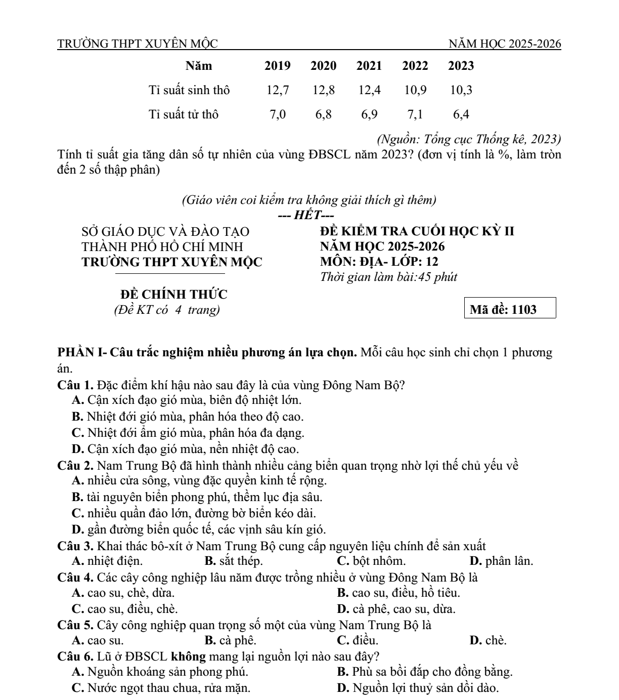 Đề thi Học kì 2 Địa Lí 12 năm 2025-2026 trường THPT Xuyên Mộc (TP. HCM)