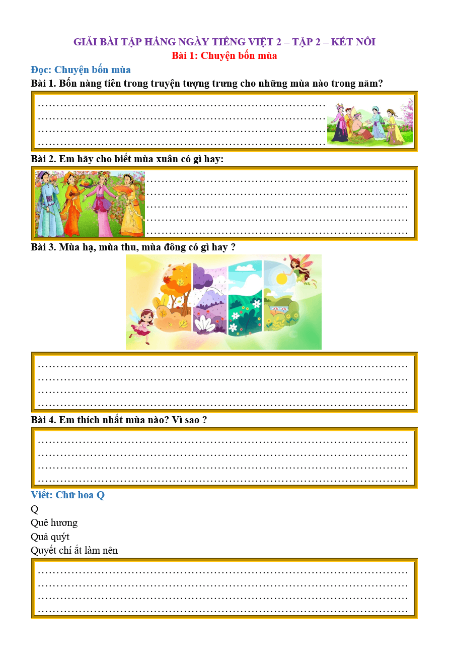 Bài tập hàng ngày Tiếng Việt lớp 2 Bài 1: Chuyện bốn mùa | Kết nối tri thức