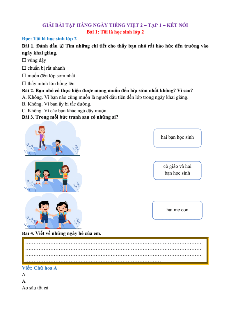 Bài tập hàng ngày Tiếng Việt lớp 2 Bài 1: Tôi là học sinh lớp 2 | Kết nối tri thức