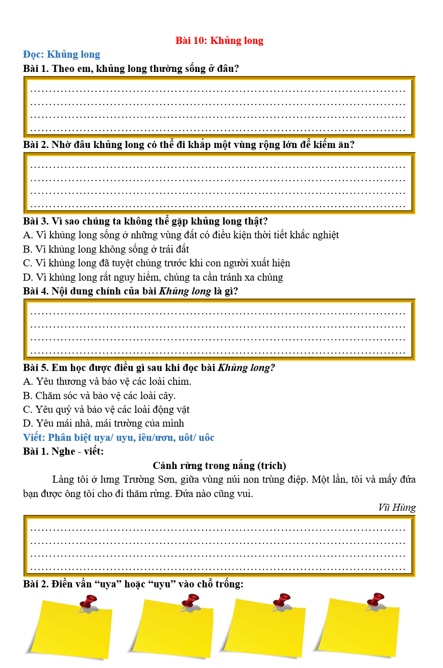 Bài tập hàng ngày Tiếng Việt lớp 2 Bài 10: Khủng long | Kết nối tri thức