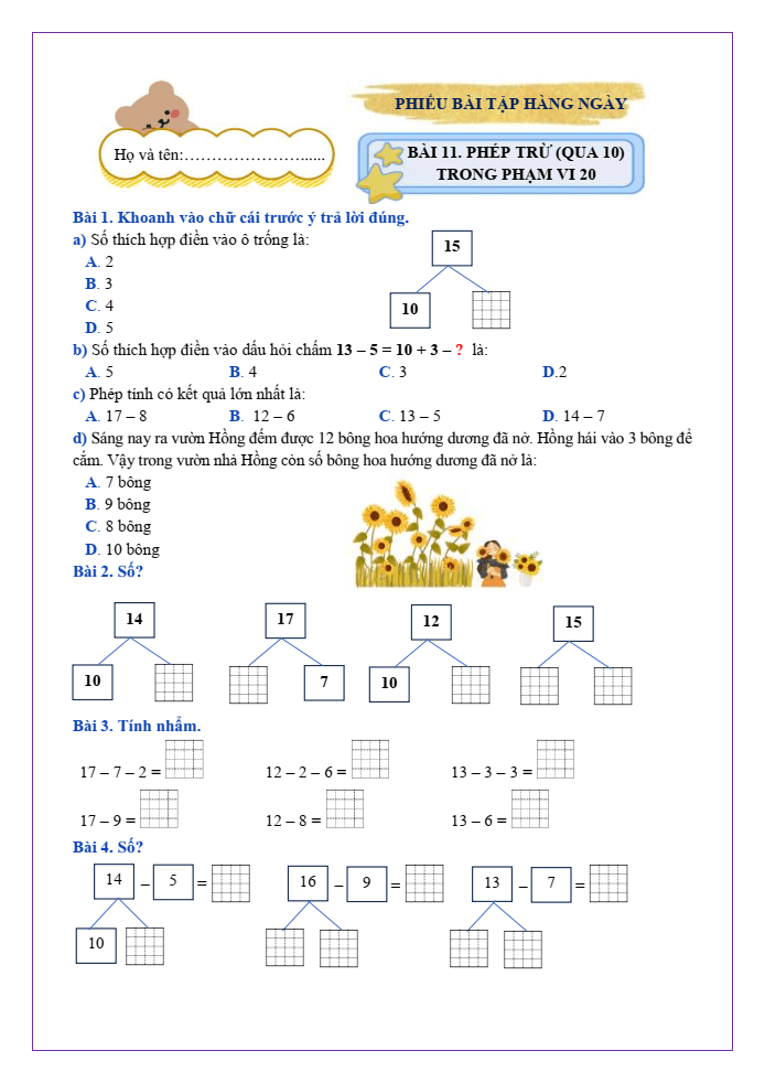 Bài tập hàng ngày Toán lớp 2 Bài 11: Phép trừ (qua 10) trong phạm vi 20 | Kết nối tri thức