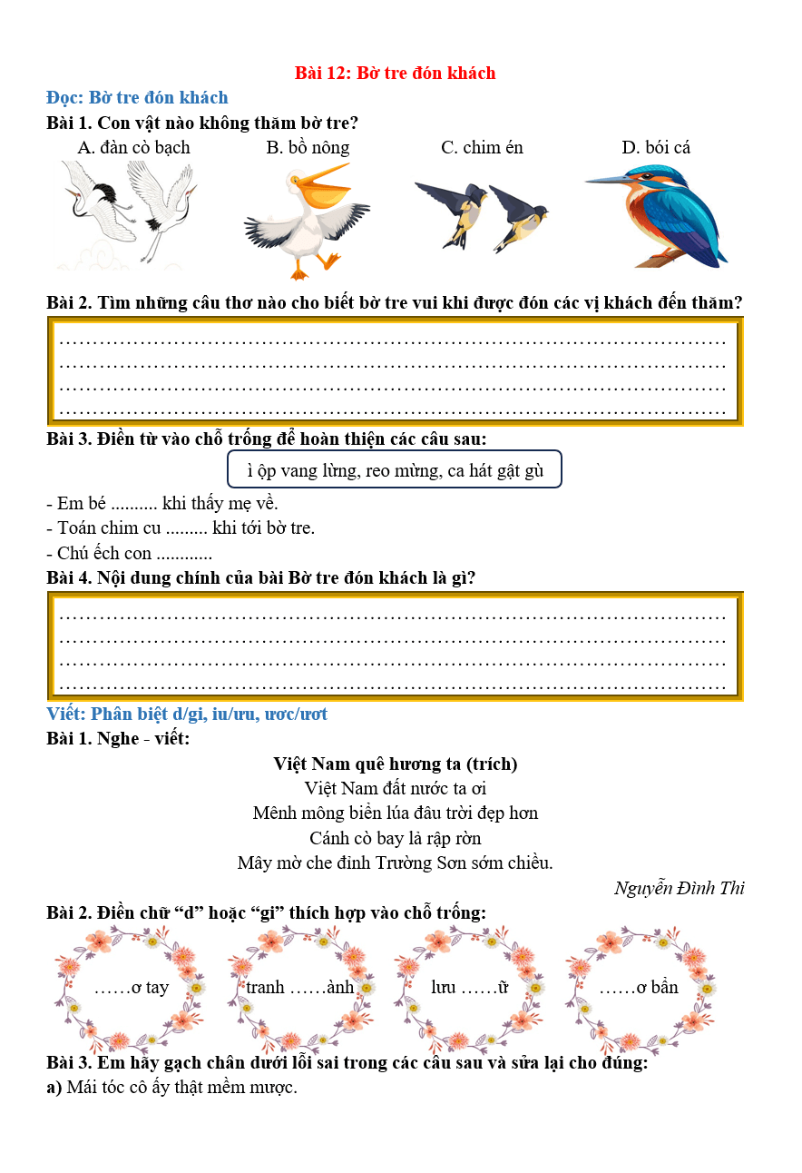 Bài tập hàng ngày Tiếng Việt lớp 2 Bài 12: Bờ tre đón khách | Kết nối tri thức