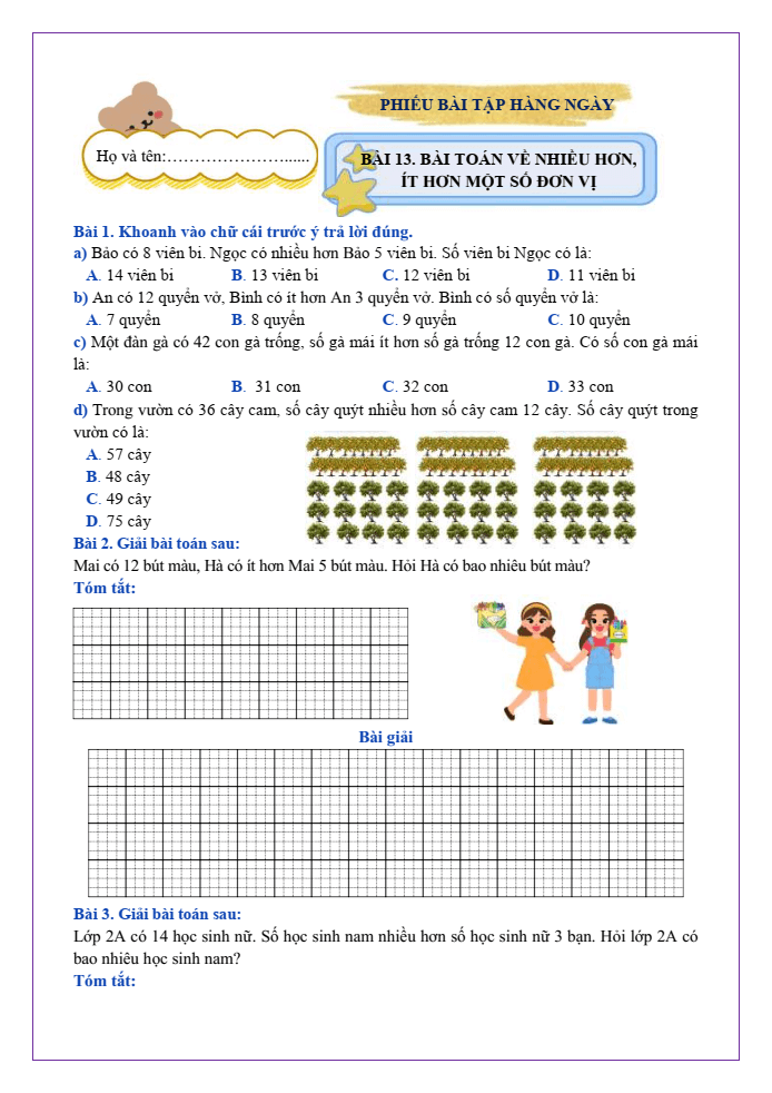 Bài tập hàng ngày Toán lớp 2 Bài 13: Bài toán về nhiều hơn, ít hơn một số đơn vị | Kết nối tri thức