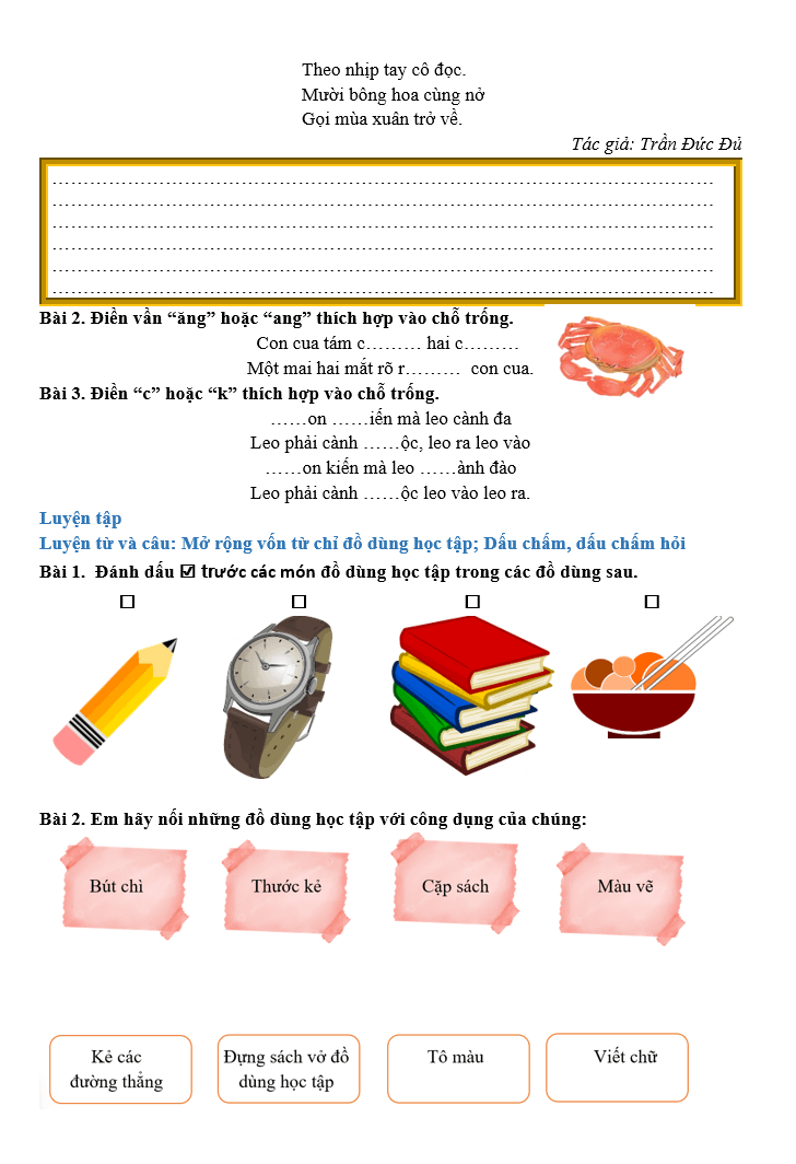 Bài tập hàng ngày Tiếng Việt lớp 2 Bài 14: Em học vẽ | Kết nối tri thức