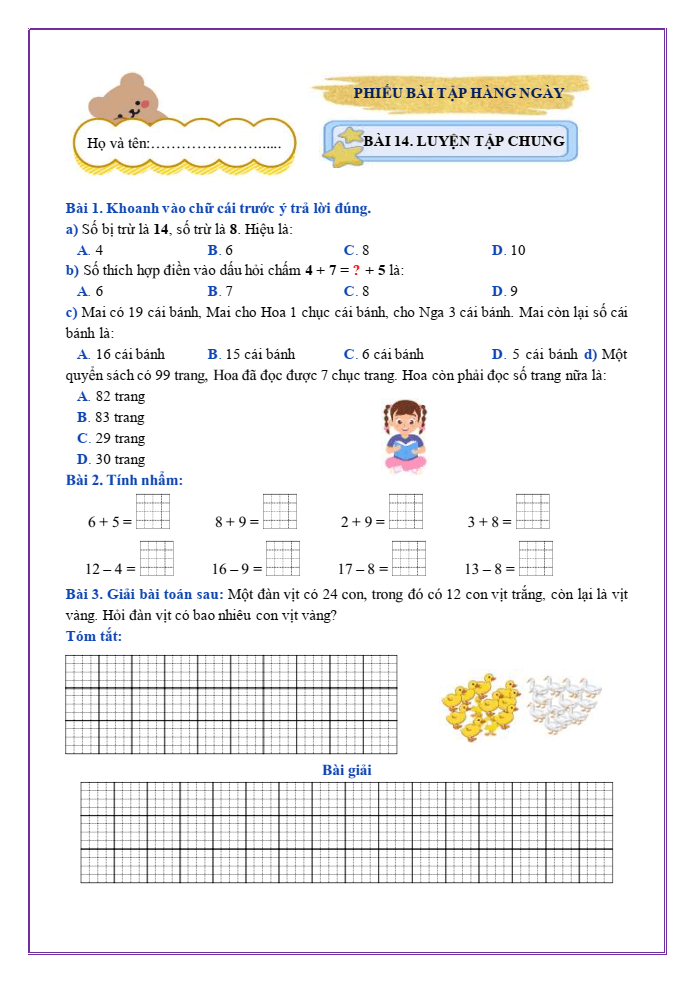 Bài tập hàng ngày Toán lớp 2 Bài 14: Luyện tập chung | Kết nối tri thức