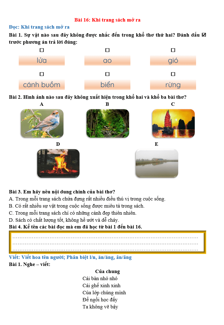 Bài tập hàng ngày Tiếng Việt lớp 2 Bài 16: Khi trang sách mở ra | Kết nối tri thức