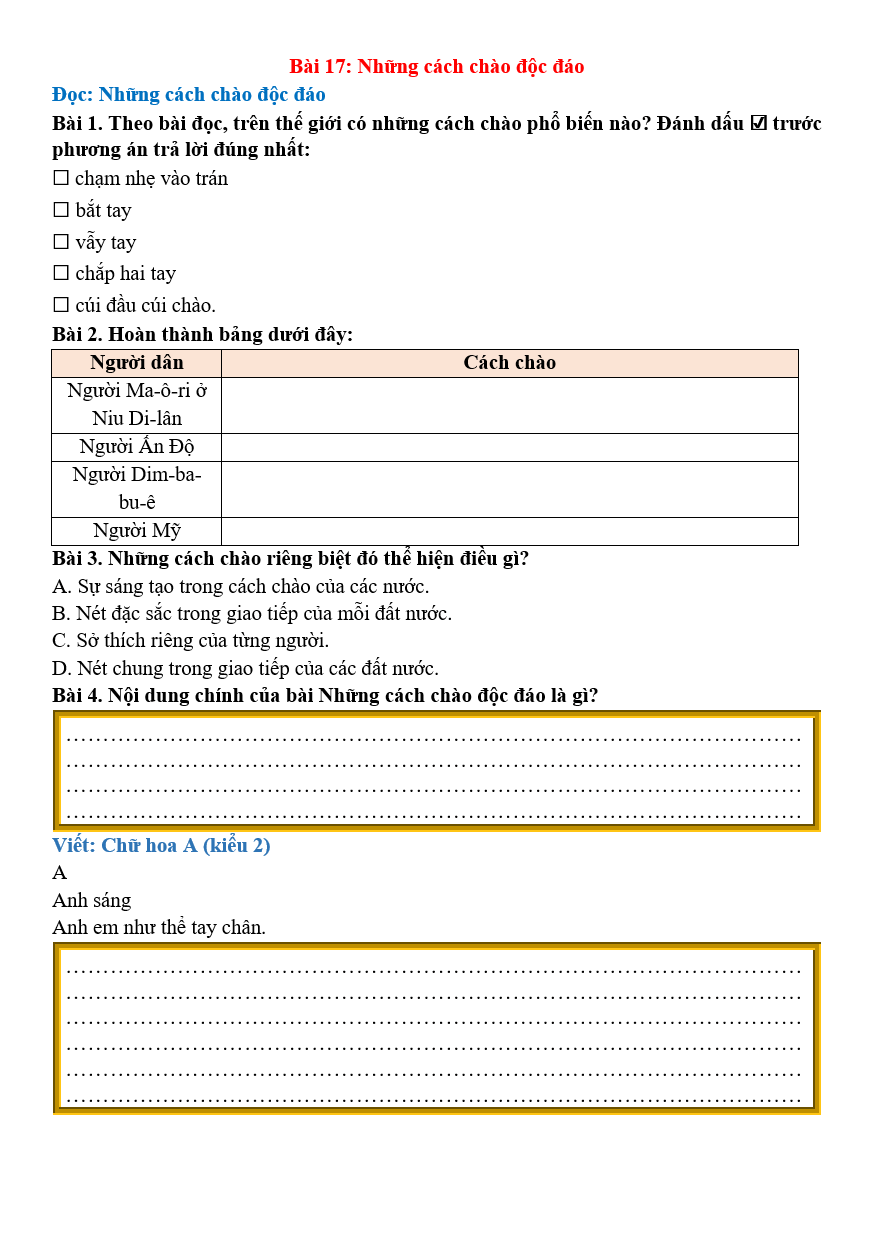 Bài tập hàng ngày Tiếng Việt lớp 2 Bài 17: Những cách chào độc đáo | Kết nối tri thức