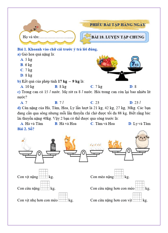 Bài tập hàng ngày Toán lớp 2 Bài 18: Luyện tập chung | Kết nối tri thức