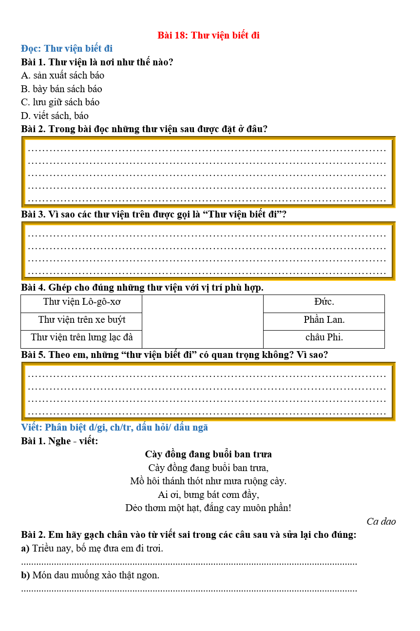 Bài tập hàng ngày Tiếng Việt lớp 2 Bài 18: Thư viện biết đi | Kết nối tri thức