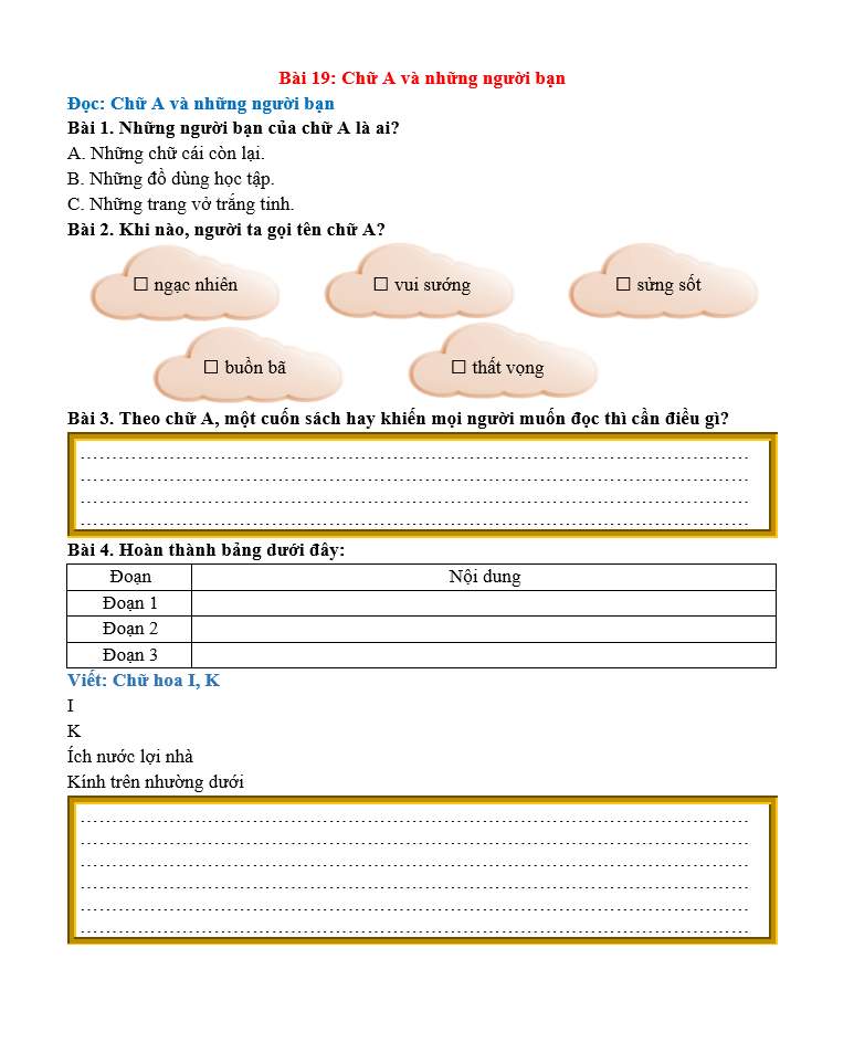 Bài tập hàng ngày Tiếng Việt lớp 2 Bài 19: Chữ A và những người bạn | Kết nối tri thức