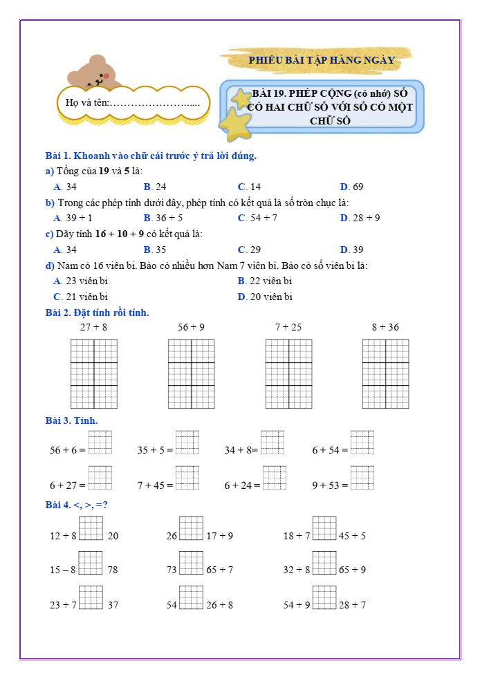 Bài tập hàng ngày Toán lớp 2 Bài 19: Phép cộng (có nhớ) số có hai chữ số với số có một chữ số | Kết nối tri thức