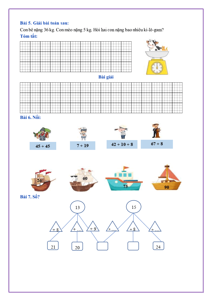 Bài tập hàng ngày Toán lớp 2 Bài 19: Phép cộng (có nhớ) số có hai chữ số với số có một chữ số | Kết nối tri thức
