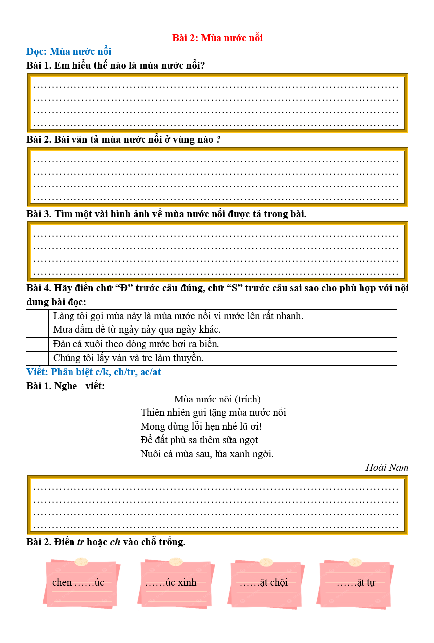 Bài tập hàng ngày Tiếng Việt lớp 2 Bài 2: Mùa nước nổi | Kết nối tri thức