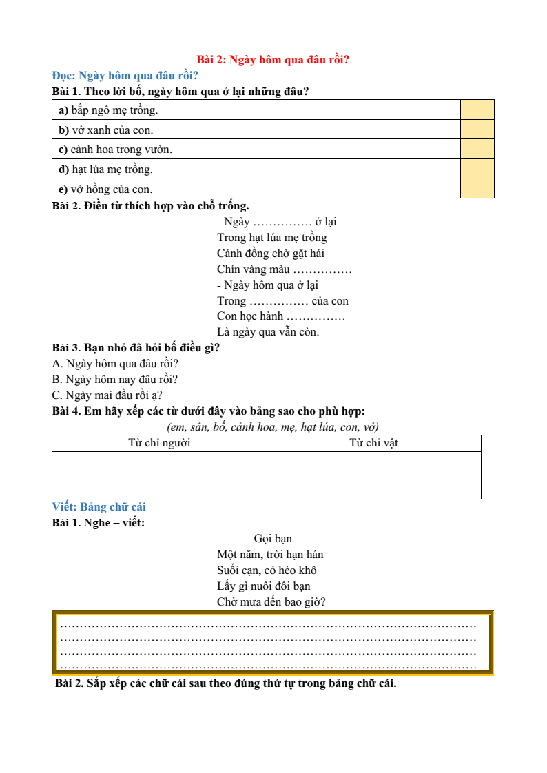Bài tập hàng ngày Tiếng Việt lớp 2 Bài 2: Ngày hôm qua đâu rồi | Kết nối tri thức