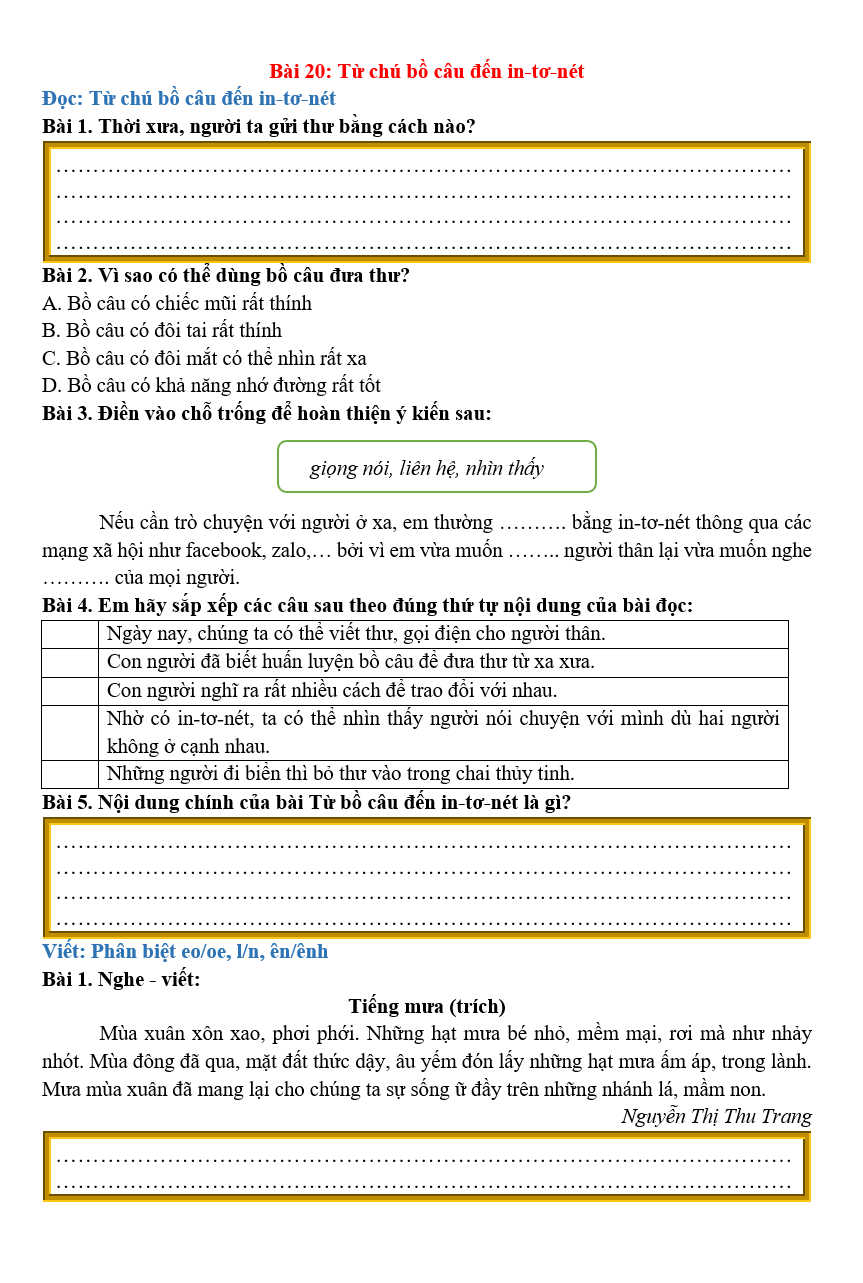 Bài tập hàng ngày Tiếng Việt lớp 2 Bài 20: Từ chú bồ câu đến in-tơ-nét | Kết nối tri thức
