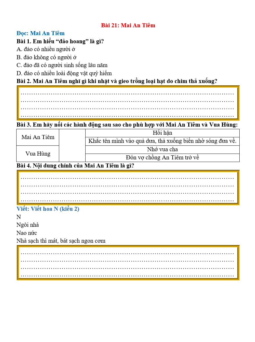 Bài tập hàng ngày Tiếng Việt lớp 2 Bài 21: Mai An Tiêm | Kết nối tri thức