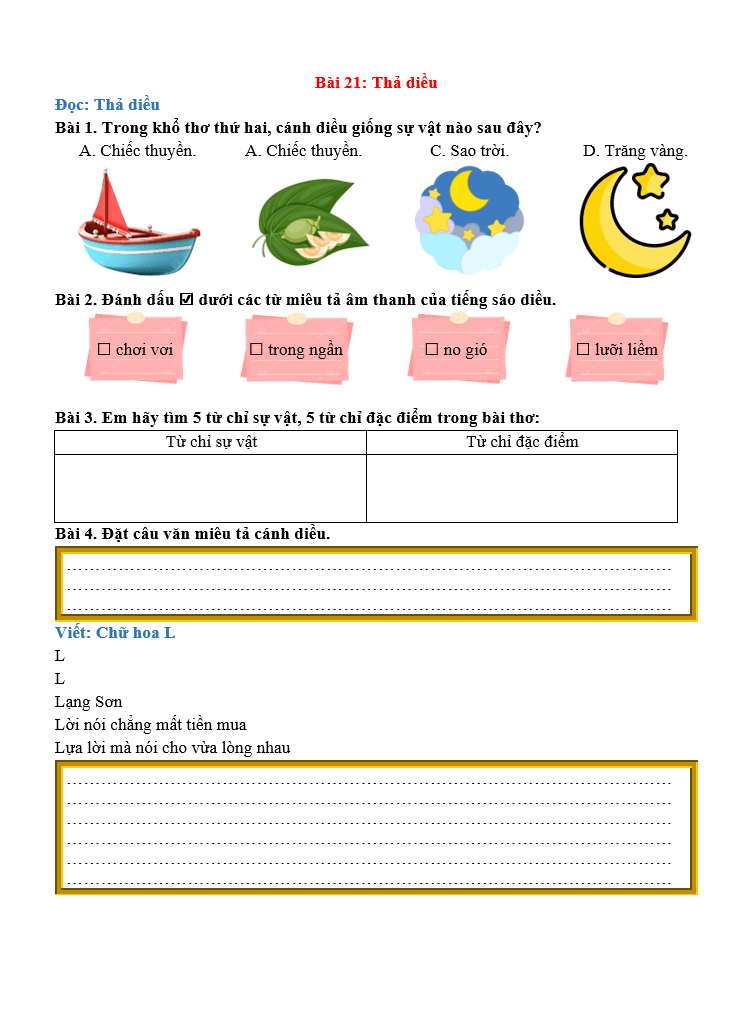 Bài tập hàng ngày Tiếng Việt lớp 2 Bài 21: Thả diều | Kết nối tri thức