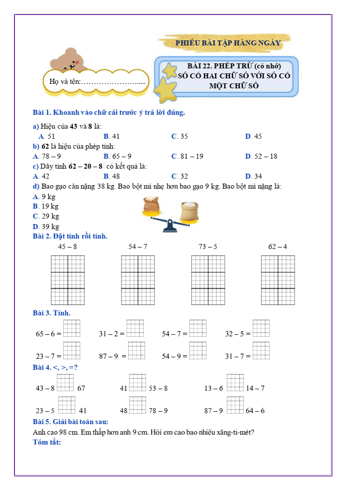 Bài tập hàng ngày Toán lớp 2 Bài 22: Phép trừ (có nhớ) số có hai chữ số cho số có một chữ số | Kết nối tri thức
