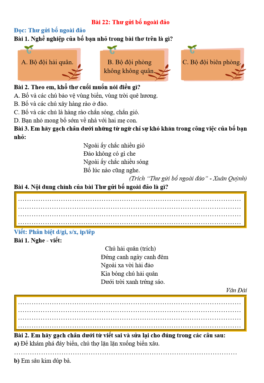 Bài tập hàng ngày Tiếng Việt lớp 2 Bài 22: Thư gửi bố ngoài đảo | Kết nối tri thức