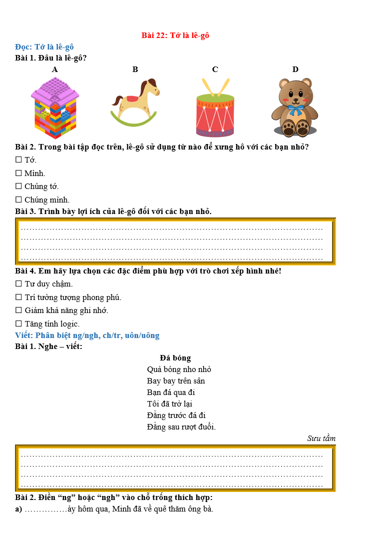 Bài tập hàng ngày Tiếng Việt lớp 2 Bài 22: Tớ là lê-gô | Kết nối tri thức