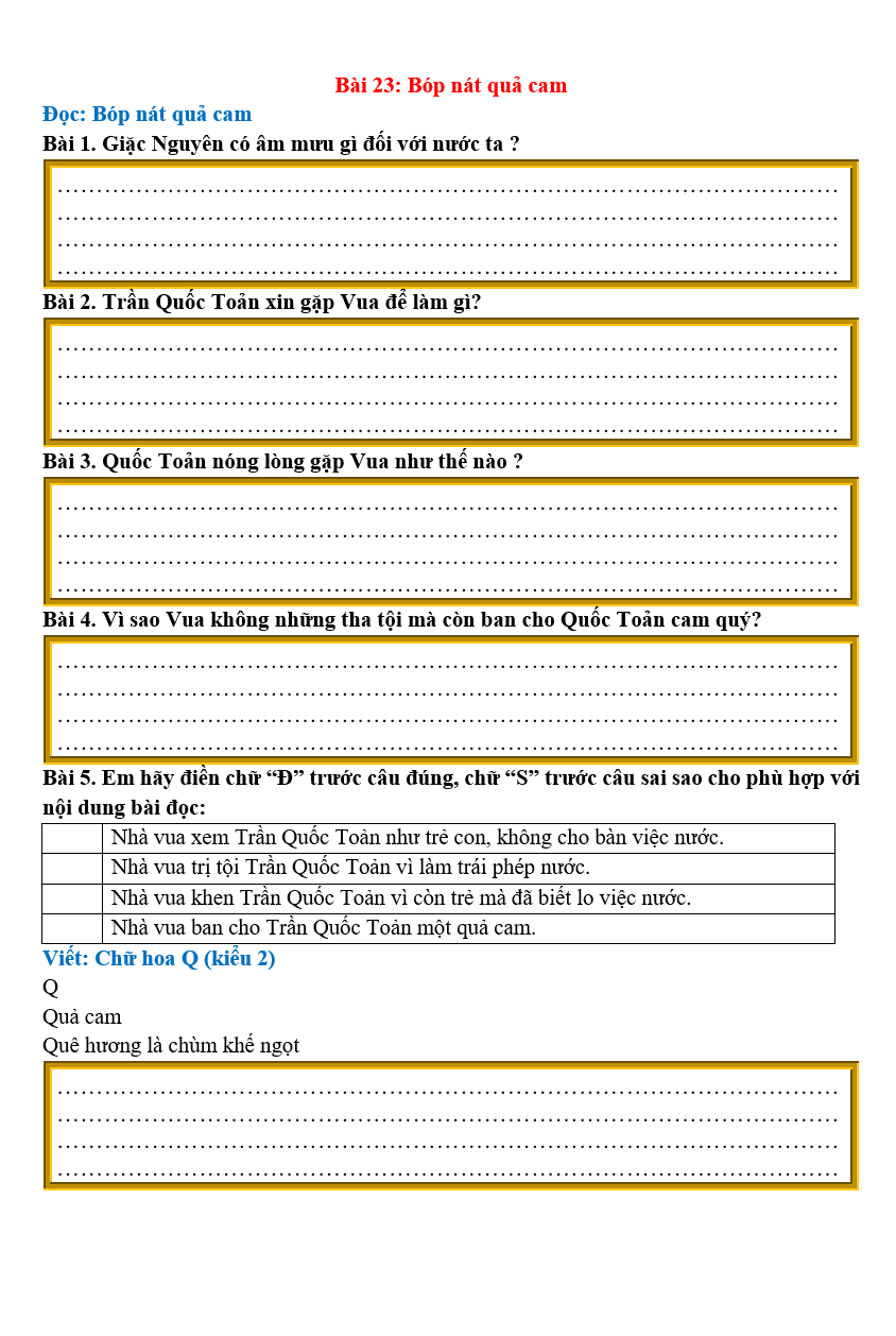 Bài tập hàng ngày Tiếng Việt lớp 2 Bài 23: Bóp nát quả cam | Kết nối tri thức