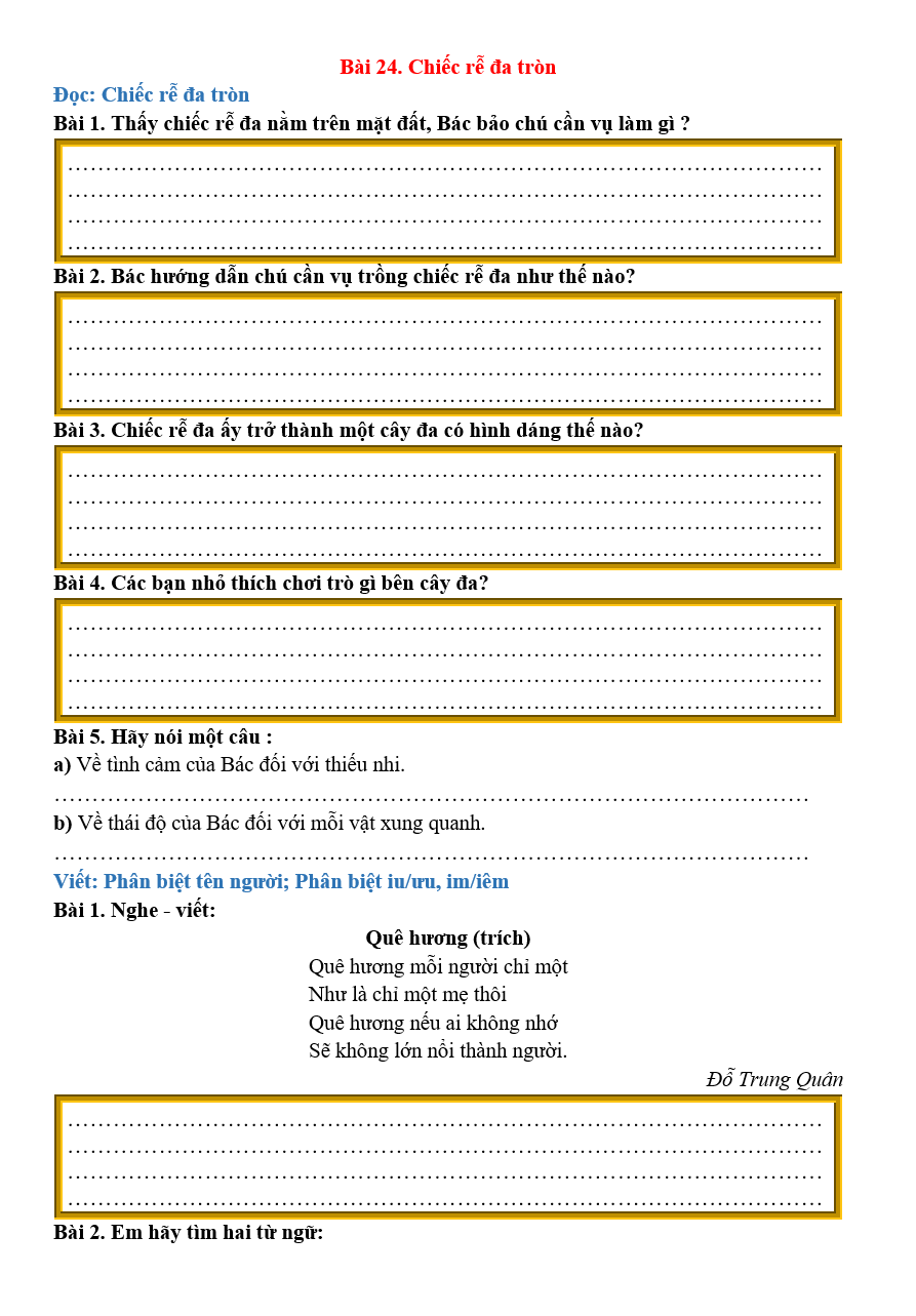 Bài tập hàng ngày Tiếng Việt lớp 2 Bài 24: Chiếc rễ đa tròn | Kết nối tri thức