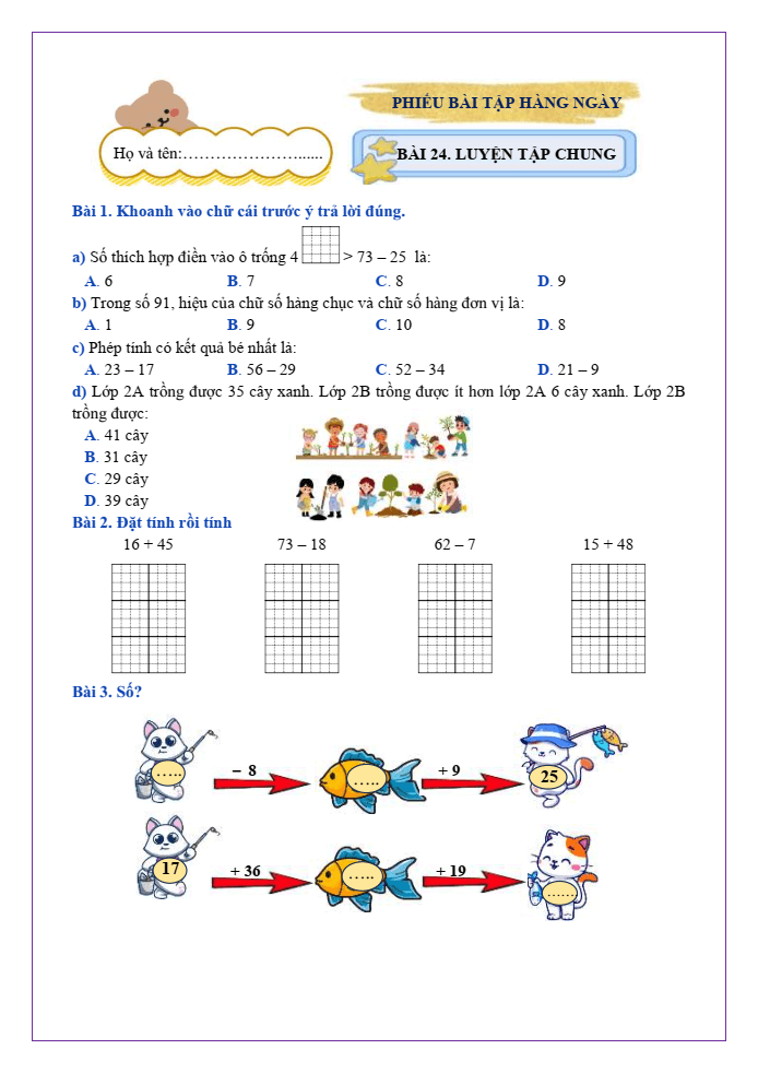 Bài tập hàng ngày Toán lớp 2 Bài 24: Luyện tập chung | Kết nối tri thức