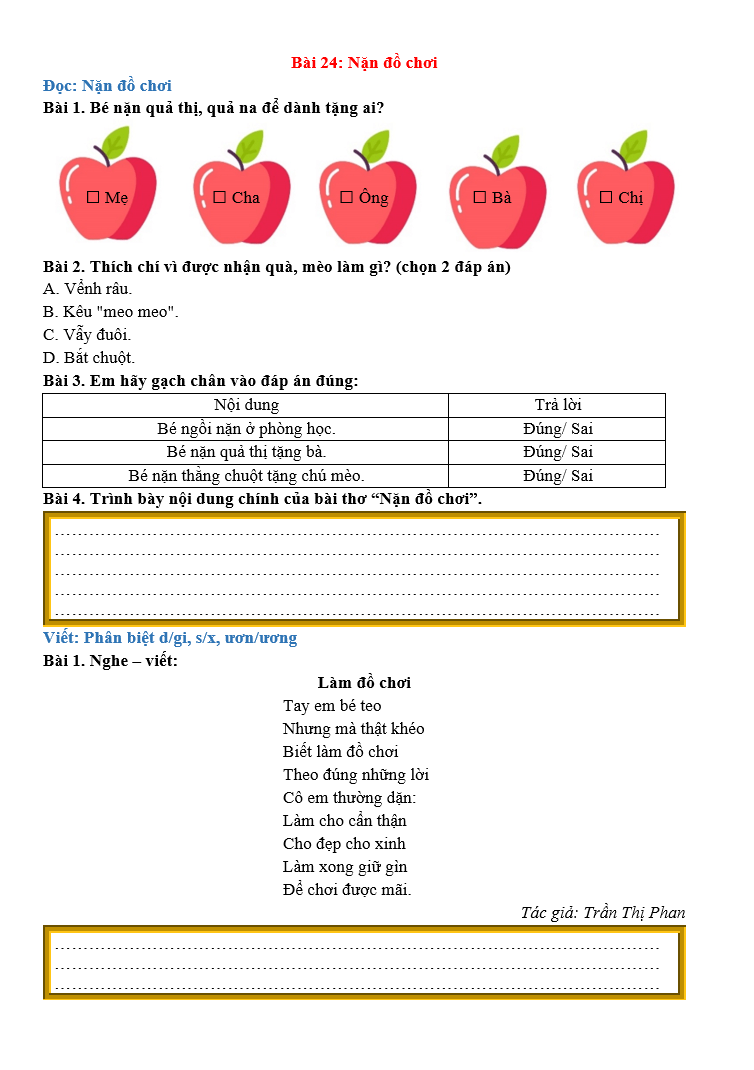 Bài tập hàng ngày Tiếng Việt lớp 2 Bài 24: Nặn đồ chơi | Kết nối tri thức