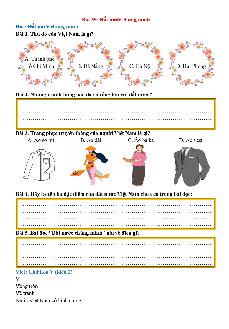 Bài tập hàng ngày Tiếng Việt lớp 2 Bài 25: Đất nước chúng mình | Kết nối tri thức