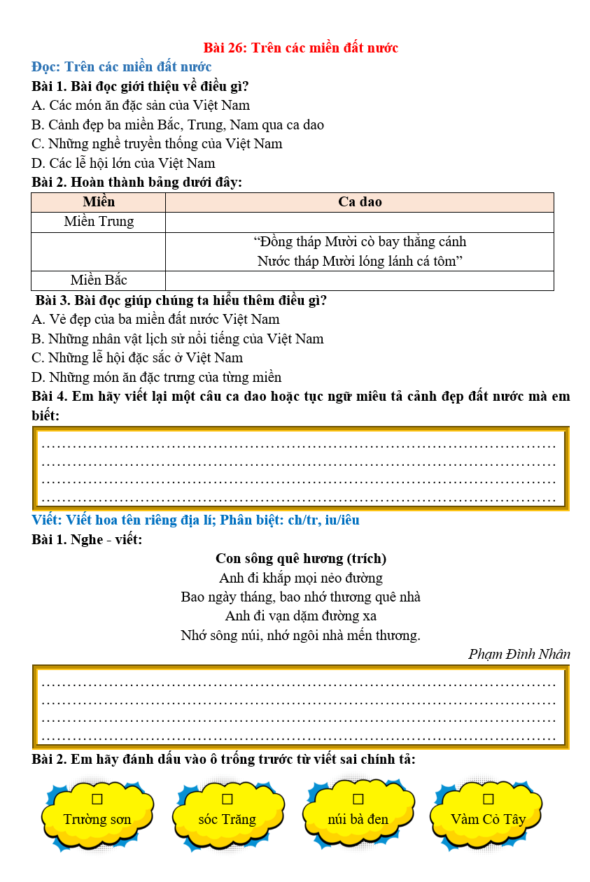 Bài tập hàng ngày Tiếng Việt lớp 2 Bài 26: Trên các miền đất nước | Kết nối tri thức