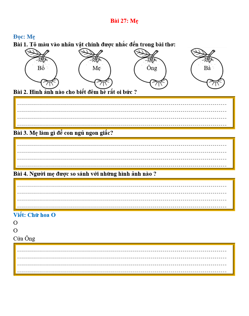 Bài tập hàng ngày Tiếng Việt lớp 2 Bài 27: Mẹ | Kết nối tri thức