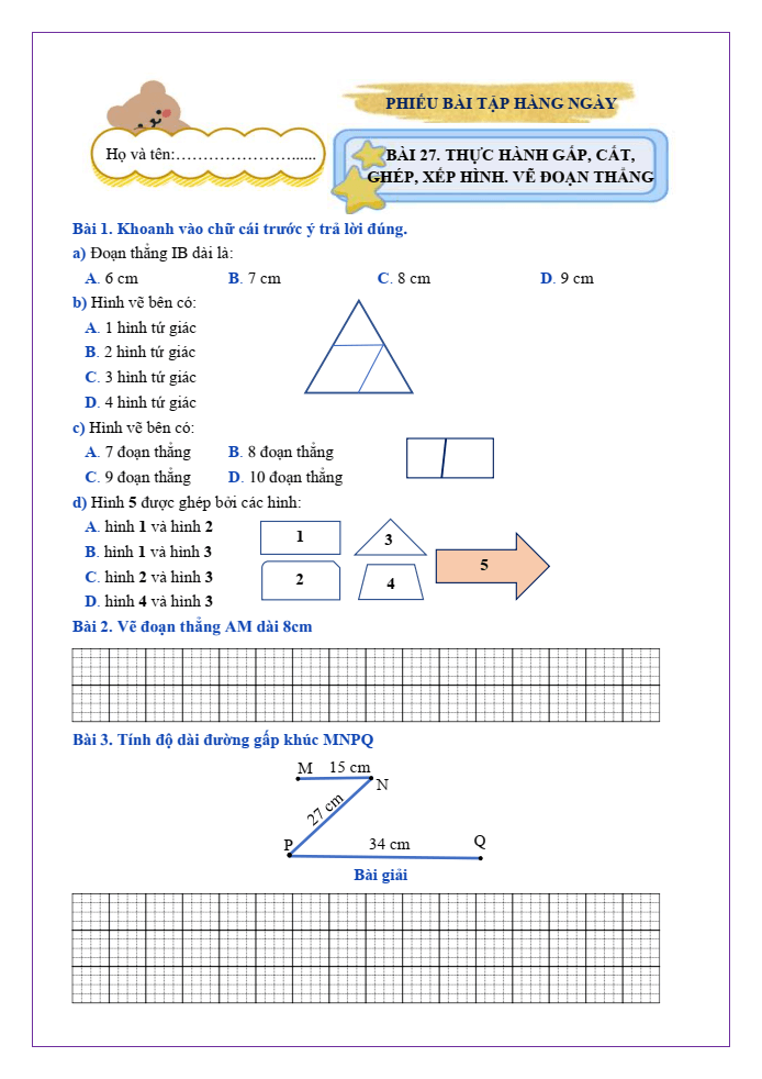 Bài tập hàng ngày Toán lớp 2 Bài 27: Thực hành gấp, cắt, ghép, xếp hình, vẽ đoạn thẳng | Kết nối tri thức
