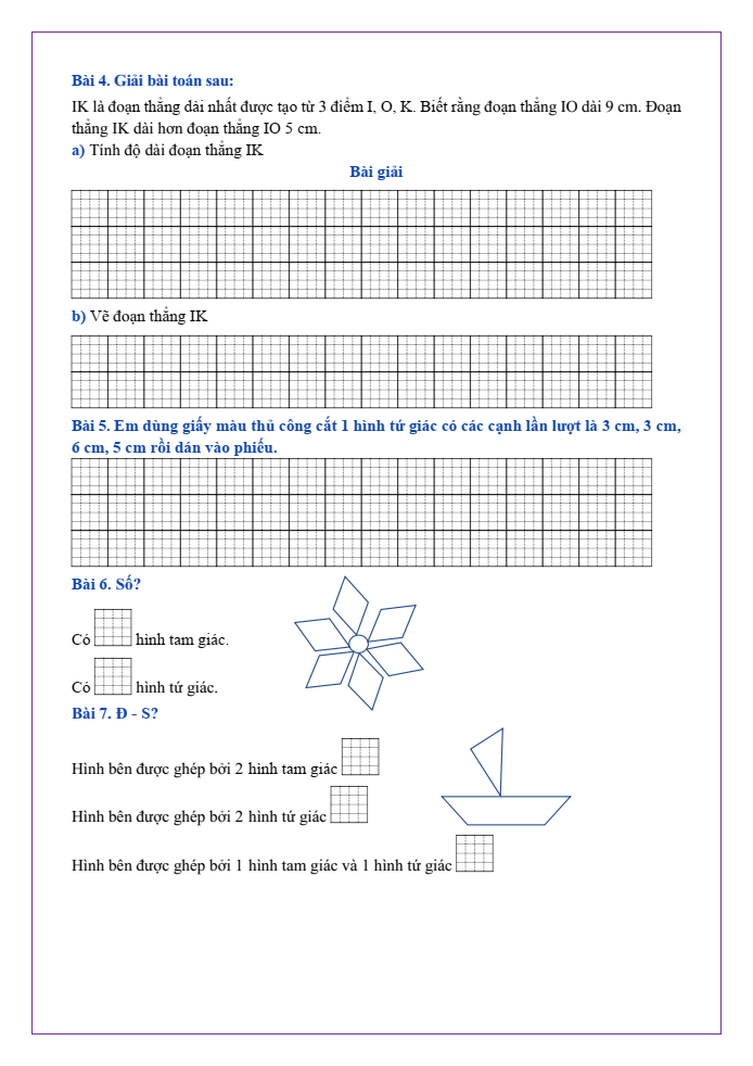 Bài tập hàng ngày Toán lớp 2 Bài 27: Thực hành gấp, cắt, ghép, xếp hình, vẽ đoạn thẳng | Kết nối tri thức