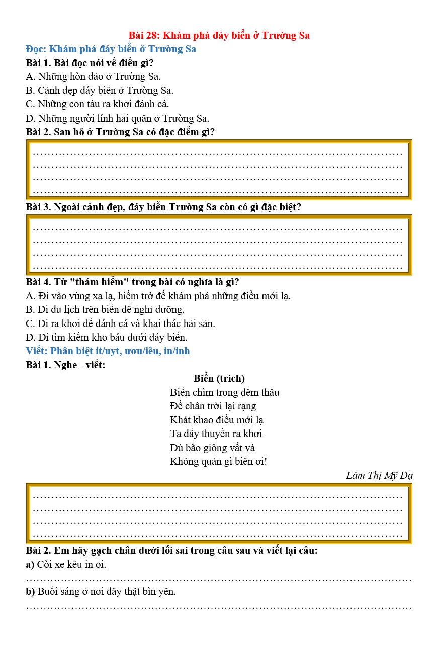 Bài tập hàng ngày Tiếng Việt lớp 2 Bài 28: Khám phá đáy biển ở Trường Sa | Kết nối tri thức