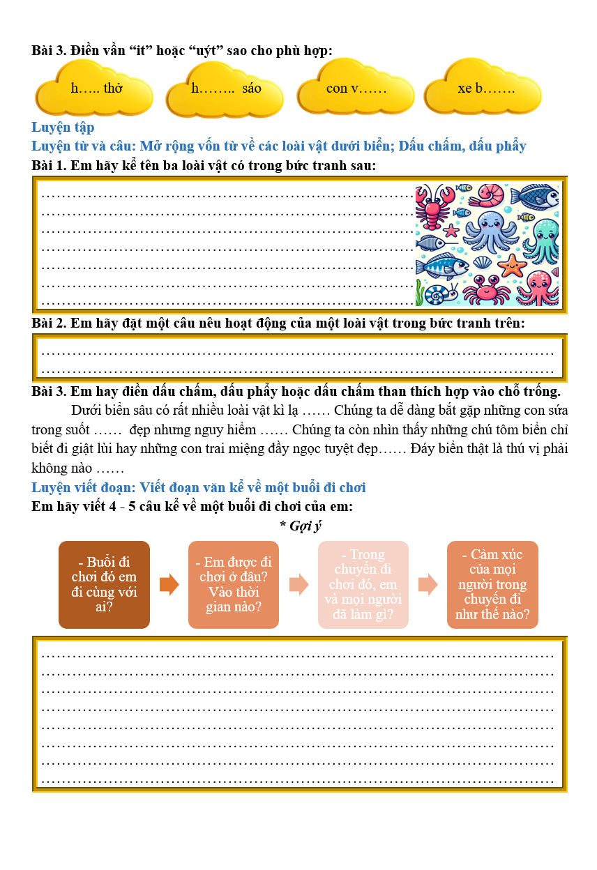 Bài tập hàng ngày Tiếng Việt lớp 2 Bài 28: Khám phá đáy biển ở Trường Sa | Kết nối tri thức