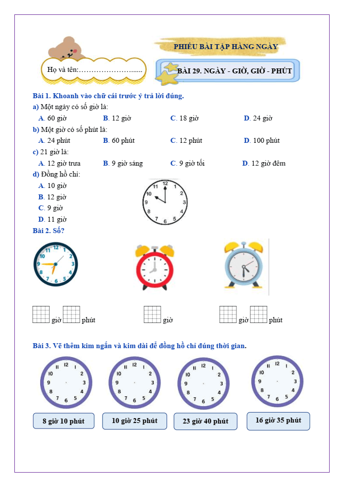 Bài tập hàng ngày Toán lớp 2 Bài 29: Ngày – giờ, giờ - phút | Kết nối tri thức