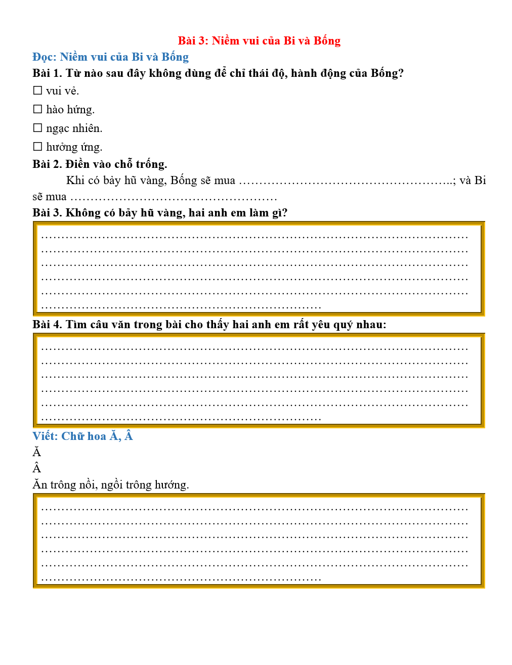 Bài tập hàng ngày Tiếng Việt lớp 2 Bài 3: Niềm vui của Bi và Bống | Kết nối tri thức