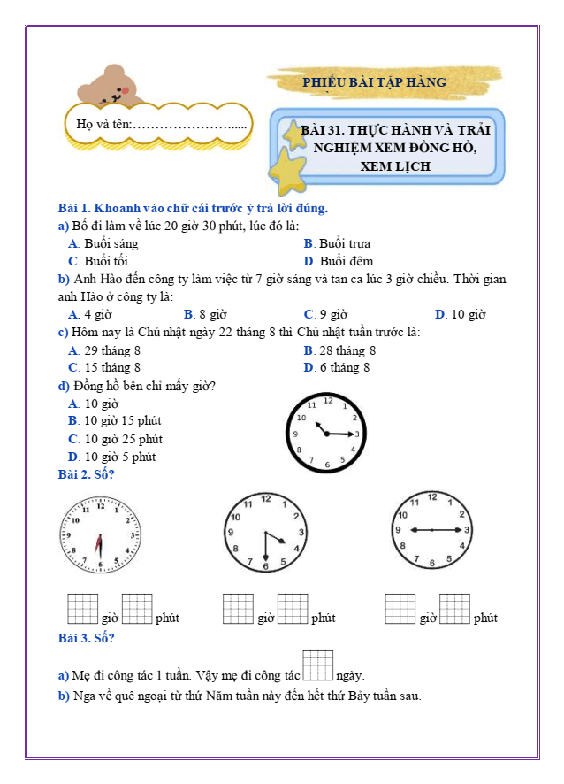 Bài tập hàng ngày Toán lớp 2 Bài 31: Thực hành và trải nghiệm xem đồng hồ, xem lịch | Kết nối tri thức