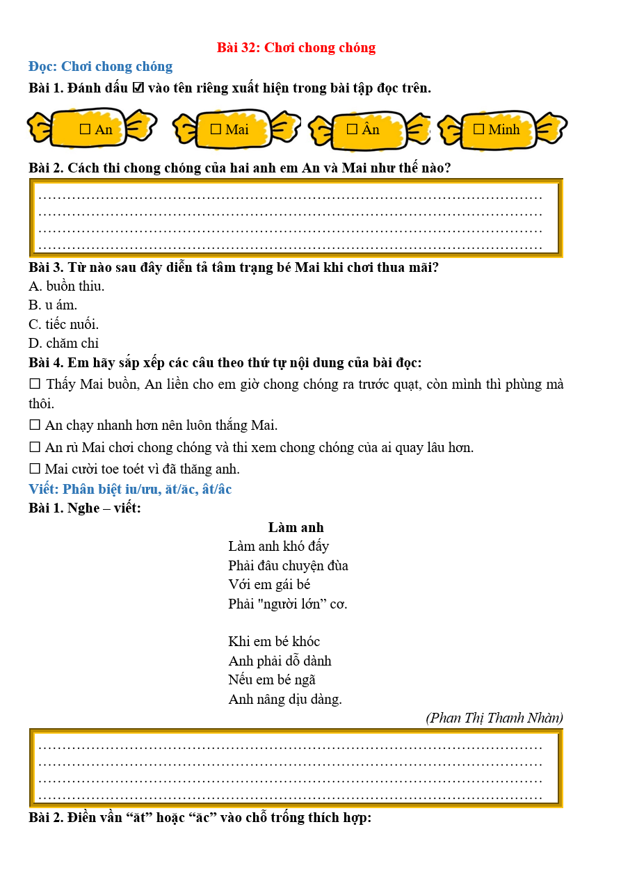 Bài tập hàng ngày Tiếng Việt lớp 2 Bài 32: Chơi chong chóng | Kết nối tri thức