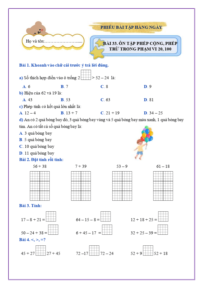 Bài tập hàng ngày Toán lớp 2 Bài 33: Ôn tập phép cộng, phép trừ trong phạm vi 20, 100 | Kết nối tri thức