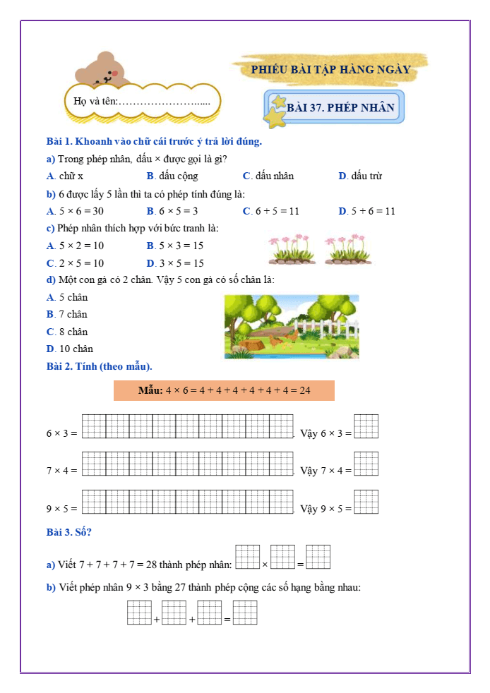 Bài tập hàng ngày Toán lớp 2 Bài 37: Phép nhân | Kết nối tri thức