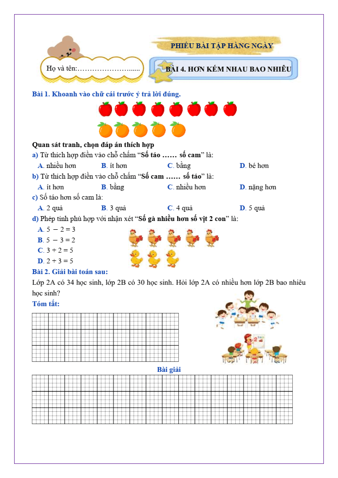 Bài tập hàng ngày Toán lớp 2 Bài 4: Hơn, kém nhau bao nhiêu | Kết nối tri thức