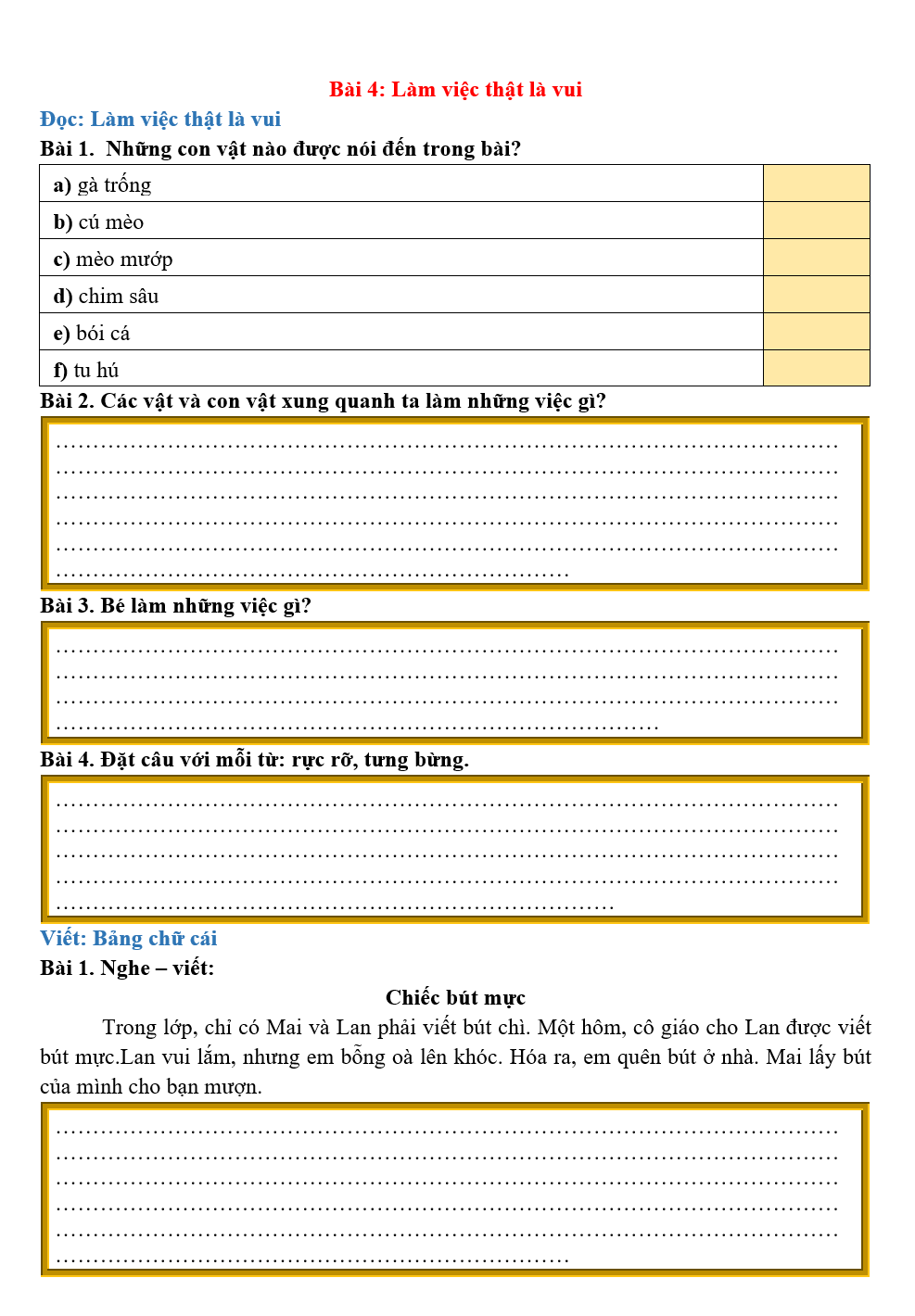 Bài tập hàng ngày Tiếng Việt lớp 2 Bài 4: Làm việc thật là vui | Kết nối tri thức