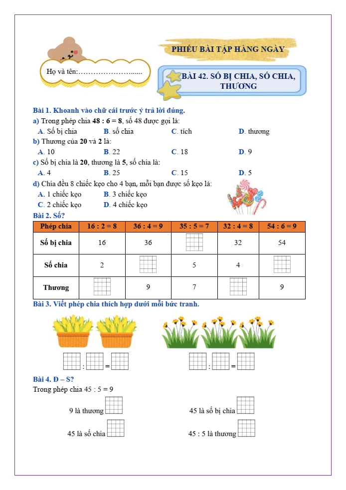 Bài tập hàng ngày Toán lớp 2 Bài 42: Số bị chia, số chia, thương | Kết nối tri thức