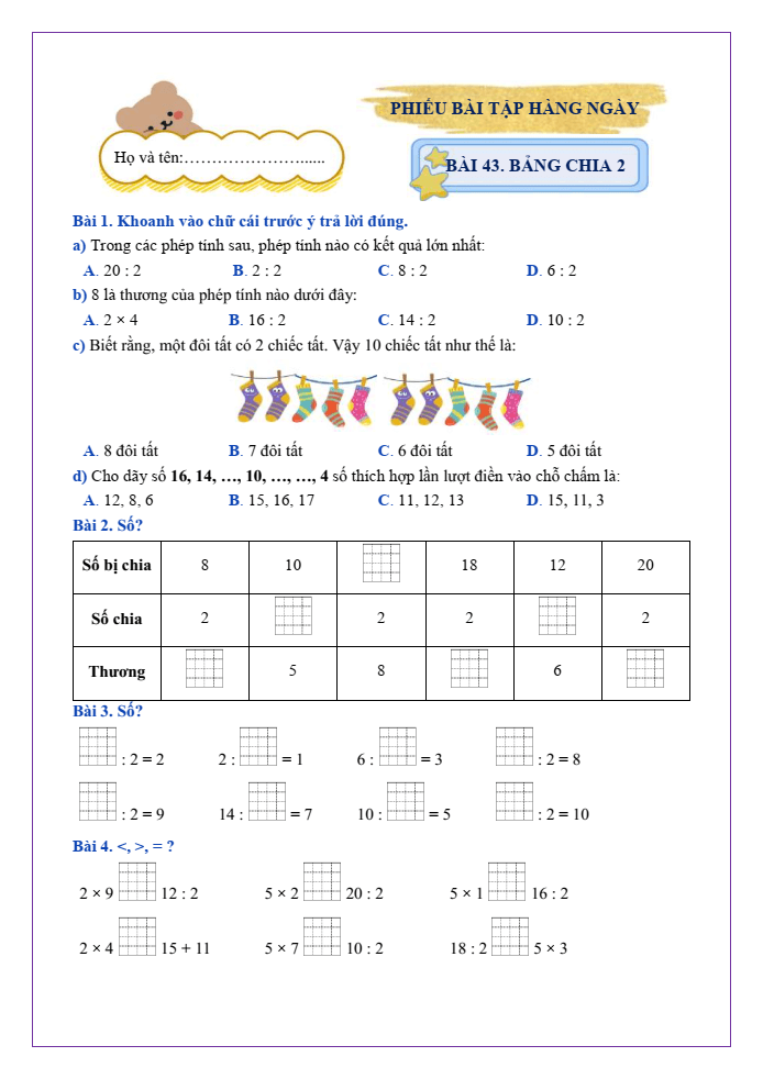 Bài tập hàng ngày Toán lớp 2 Bài 43: Bảng chia 2 | Kết nối tri thức